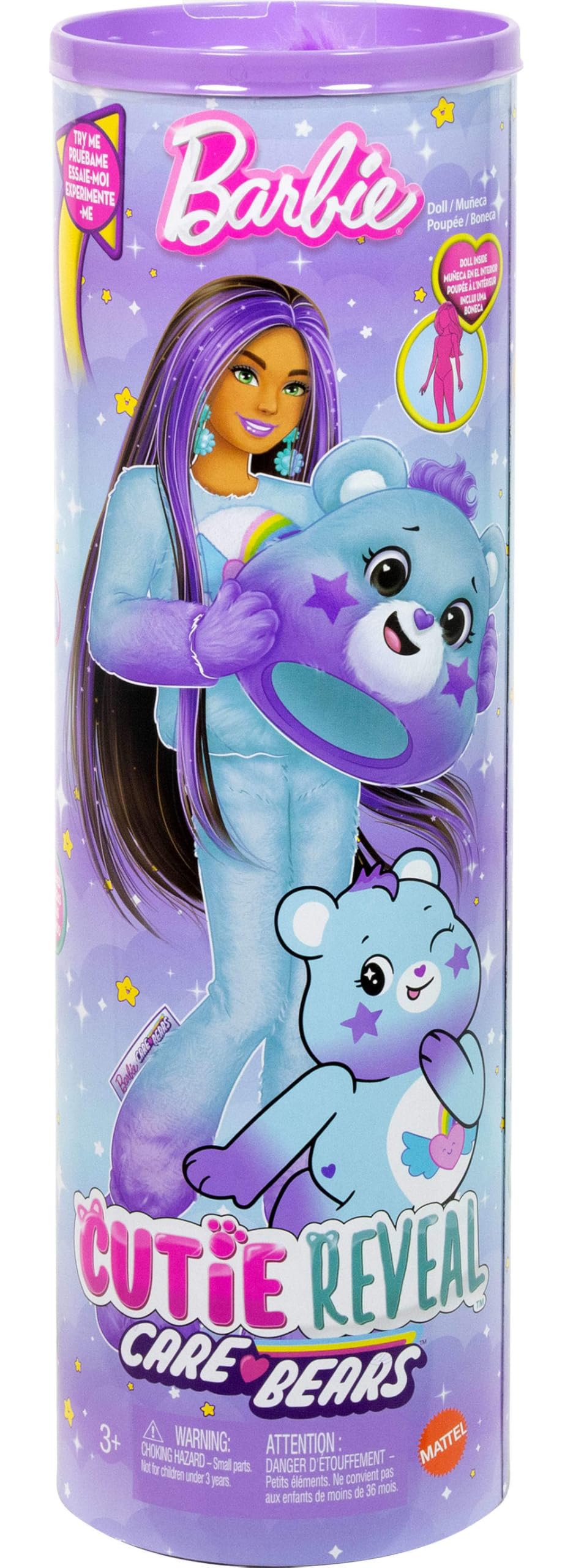 Barbie Cutie Reveal Care Bears Doll & Accessories, Series 2 Dream Bright Bear with 10 Surprises Including Color Change & Mini Bear