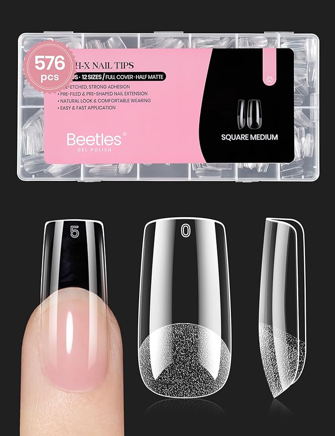 Beetles Nail Tips Medium Square 576Pcs 12 Sizes - Pre-Etched Soft Acrylic Nail Tips Half Matte False Nails Nail Art Full Cover Press Ons Nail Extensions Gift Set Home DIY Nail Salon