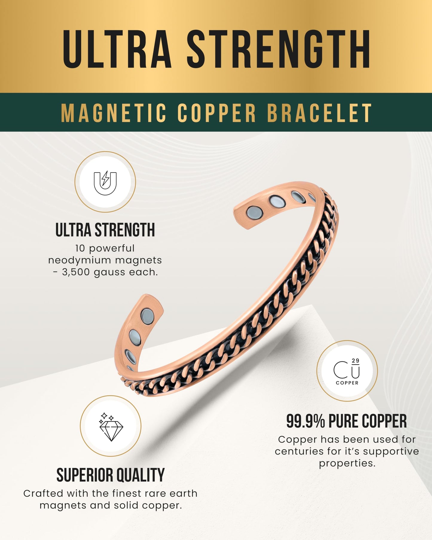 MagnetRX® Copper Magnetic Bracelets – Effective Pure Copper Bracelet for Men and Women – Copper Cuff Adjustable Magnetic Bracelet Bangles (Curb Chain Inlay)