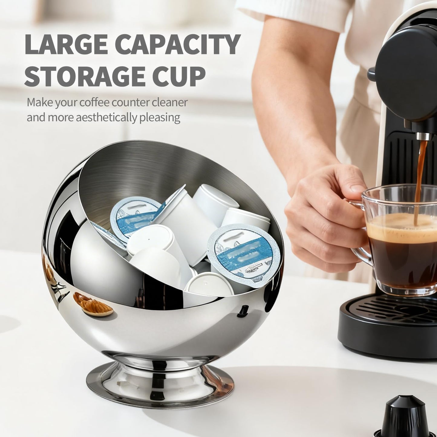 shoxil Coffee Pod Holder - Large Capacity Metal K Cup serve for Nespresso Pod Storage Container with Silver Finish, Multi-Use Creamer & Candy Bowl for Countertop, Coffee Bar Accessories(Silver)
