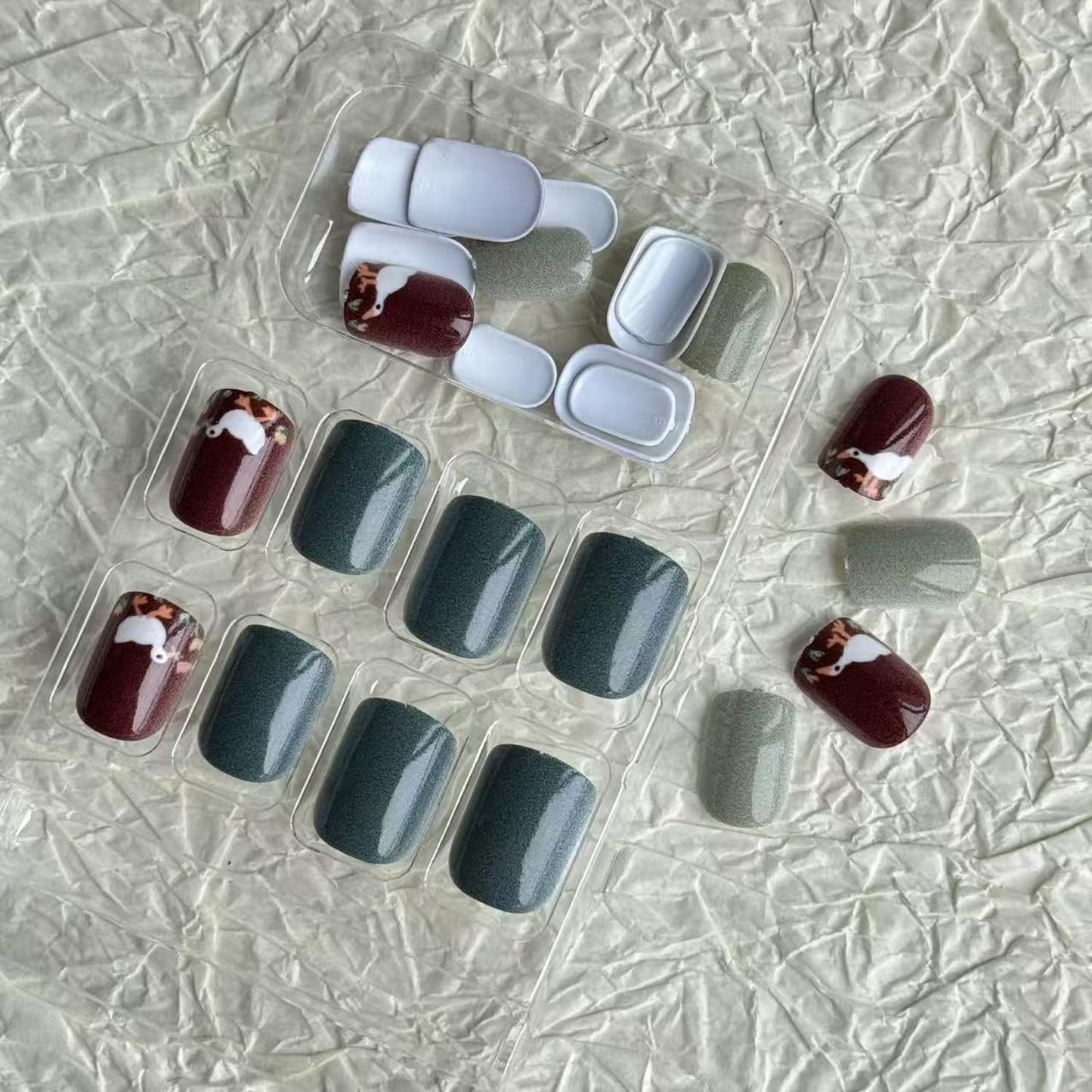 24pcs Cute Press on Nail Short Square Fake Nails with Goose designs Stick on Nail Green Grey Brown Press ones Glossy Full Cover Glue on Nails Reusable False Nails for Women Work