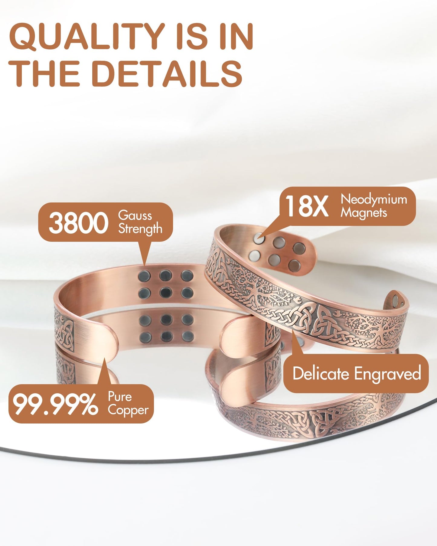 Feraco Copper Magnetic Bracelets for Men Women with 18X Ultra Strength Magnets, Tree of Life Pattern, 99.99% Pure Solid Copper Cuff Bangle, Jewelry Gift