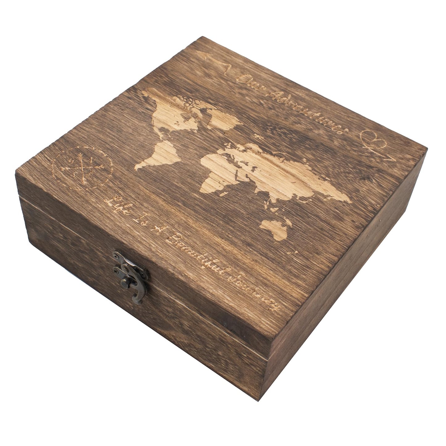 QoTang Our Adventures Box, 7.7 x 7.7 x 2.7 Inches, Decorative Wooden Keepsake Box Memory Box with World Map Background Engraved Wood Box with Lid Unique Gift Ideas Wedding Engagement Gift