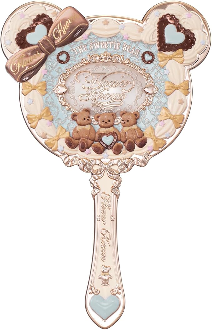 Flower Knows The Sweetie Bear Hand Mirror,Vintage Portable Handheld Mirror,Fancy & Pretty Princess Mirror with Long Handle,Gift for Girls(Minty Blue)