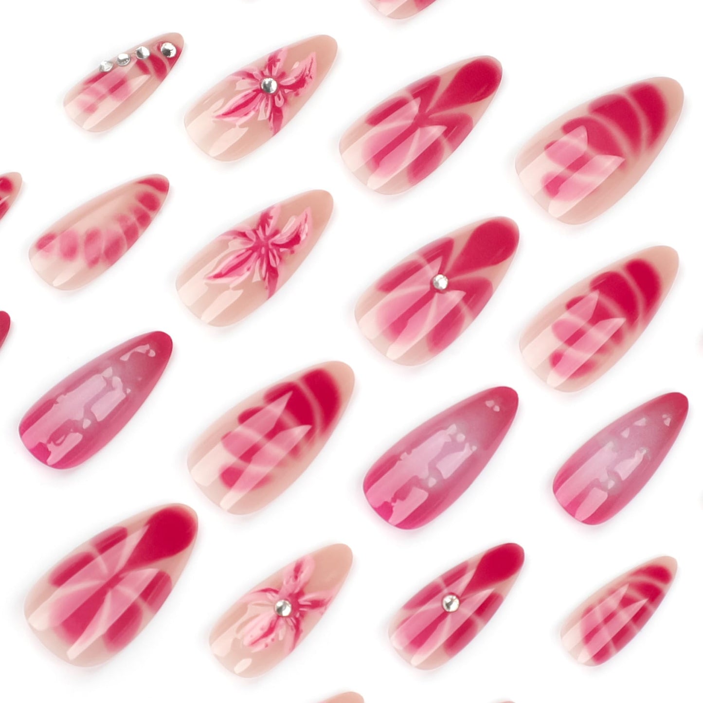 Press on Nails Medium Almond Fake Nails Ombre Red with 3D Flower Design Glossy Full Cover Stcik on False Nails for Women Manicure 24Pcs