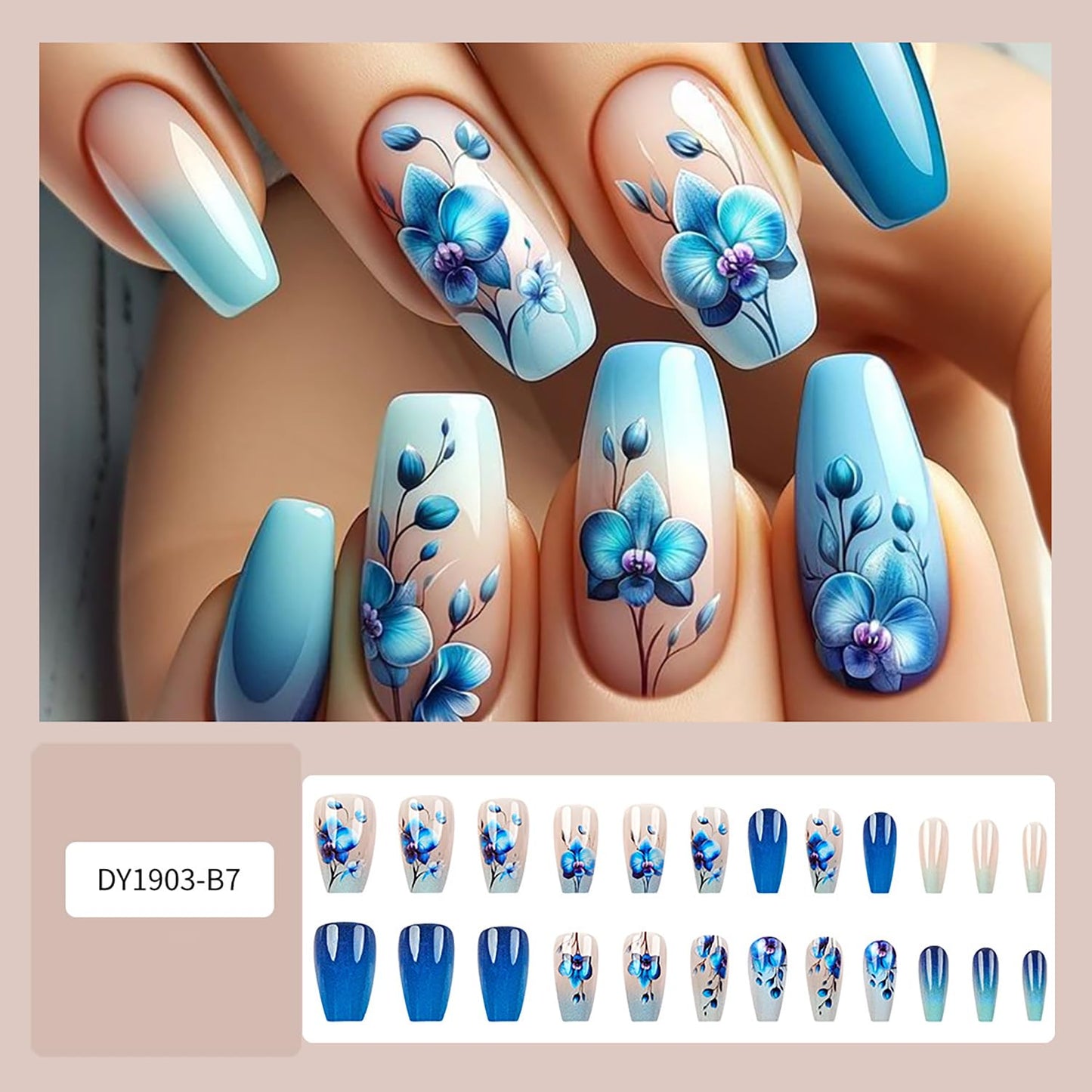 TBRZTR 24Pcs Blue Gradient Press on Nails Medium Ballet Shaped Blue Flower Pattern Design Full Cover Glossy Floral Stick on Nail Medium False Nail Artificial Acrylic Press Ons Glue on Nail for Women