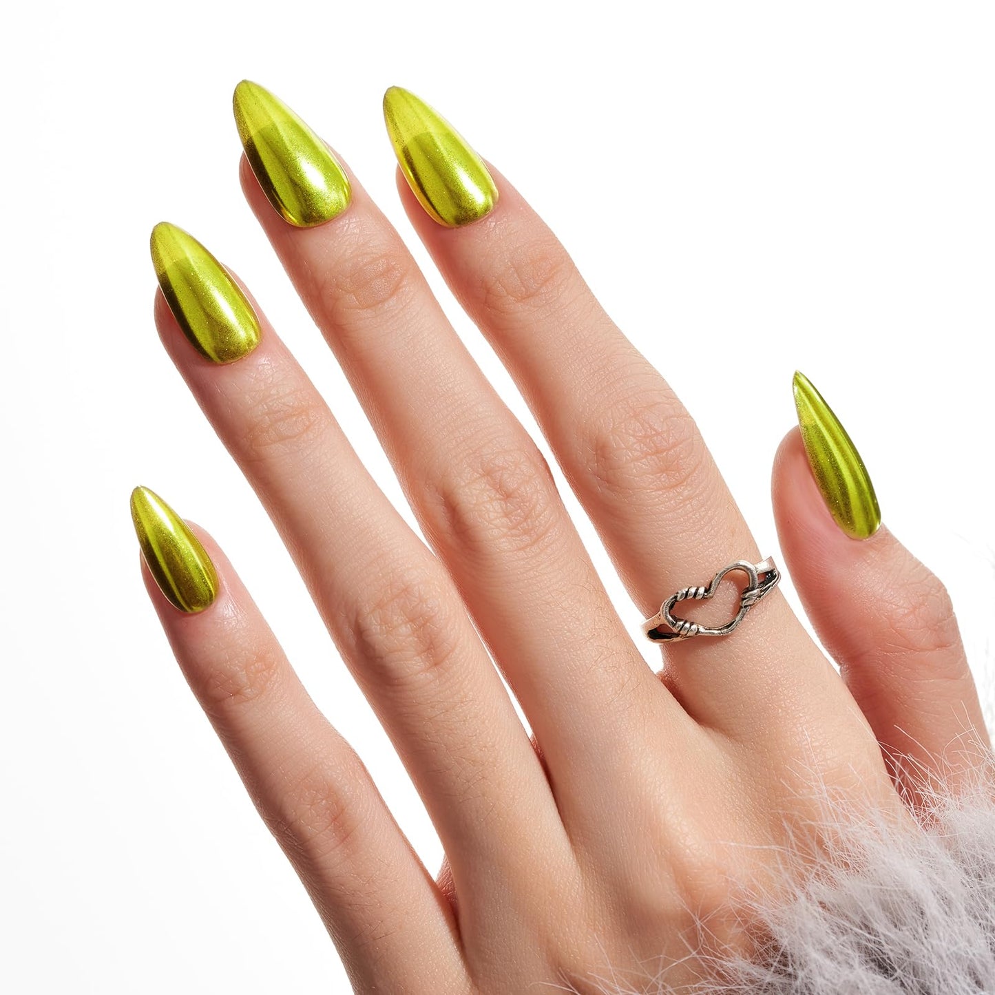 Press On Nails Medium Almond, Metal Mirror Green Handmade Jelly Gel False Nails Kit, Glossy Stick On Nails Tips, Glitter Glue On Nails, Reusable Artificial Nails with Design Manicure for Women Girls