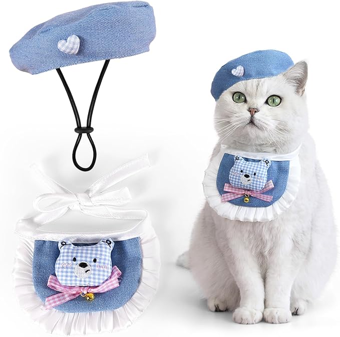 HOWWFALY Adorable Cat Princess Costume Blue Cat Beret with Little Heart & Lace Rabbit Bib Scarf Set, Adjustable Pet Costume for Halloween Christmas Birthday Parties