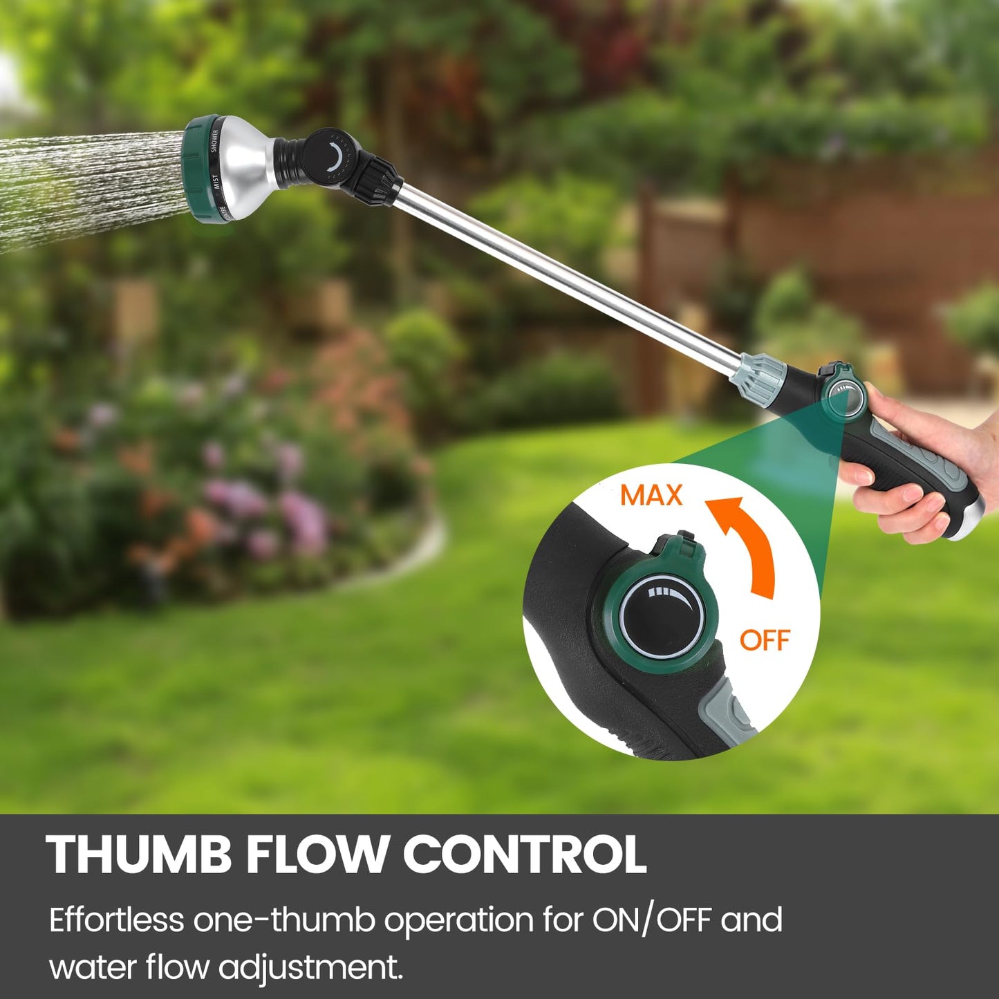 Seatern Watering Wand for Garden Hose, 24 Inch, 8 Spray Patterns, Garden Hose Nozzle with Thumb Flow Control, Adjustable Water Sprayer with Pivoting Head, Ideal for Hanging Baskets and Shrubs