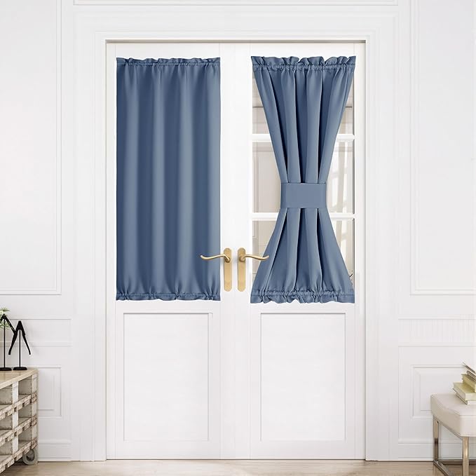 NICETOWN Blackout Door Curtain – Thermal Insulated Blackout Window Cover for French & Front Doors with Adjustable Tieback, Room Darkening Shade for Privacy, Stone Blue, W30 x L50, 1 Panel
