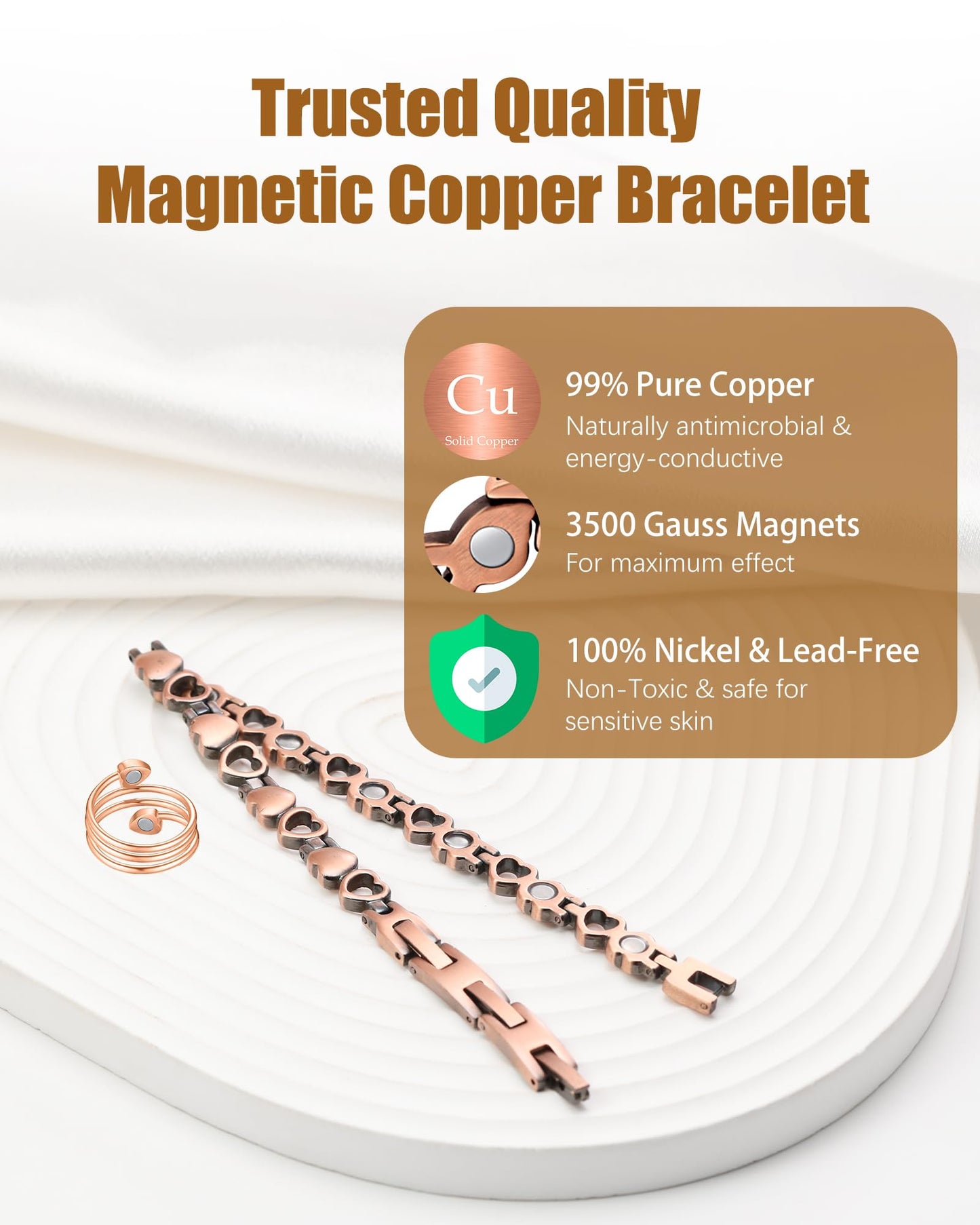 Jeracol Copper Bracelets & Ring for Women, 99.99% Pure Copper Magnetic Bracelets with Effective Neodymium Magnets, Adjustable Jewelry Gift with Sizing Tool