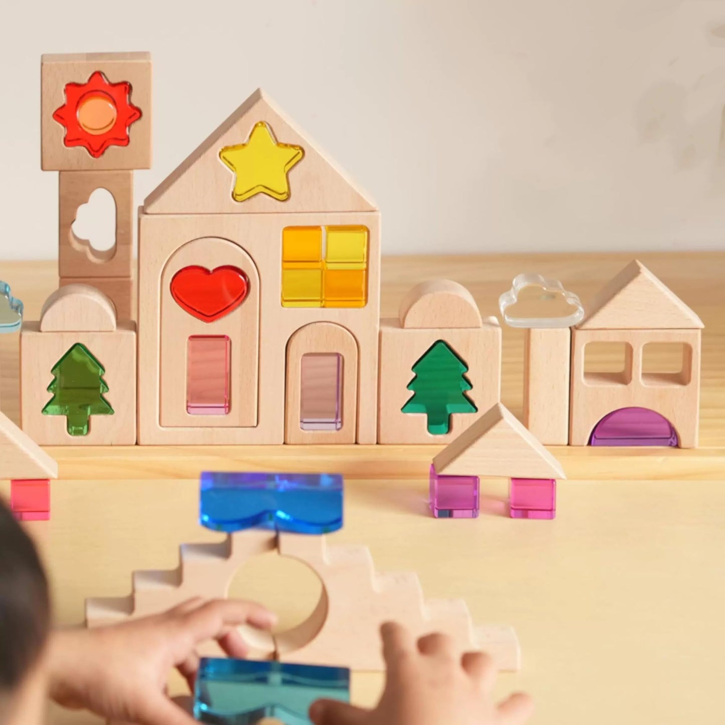 KOAICS 45PCS Wooden Acrylic Building Blocks Set with Tray, Include Colorful Acrylic Shapes Stars,Sun,Clouds, Trees, Heart, Educational Construction Toy for Kids (Farm House)
