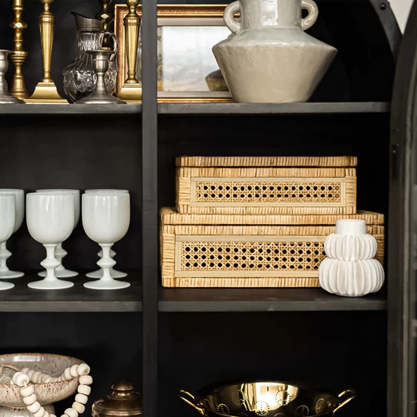 Large Handwoven Boho Rattan Display Boxes with Glass Lids - Set of 2 Rectangular Decorative Storage Bins - Natural Woven Cane Home Decor Organizers (15.55" x 9.64" x 5.9" & 12.48" x 6.88" x 4.52")