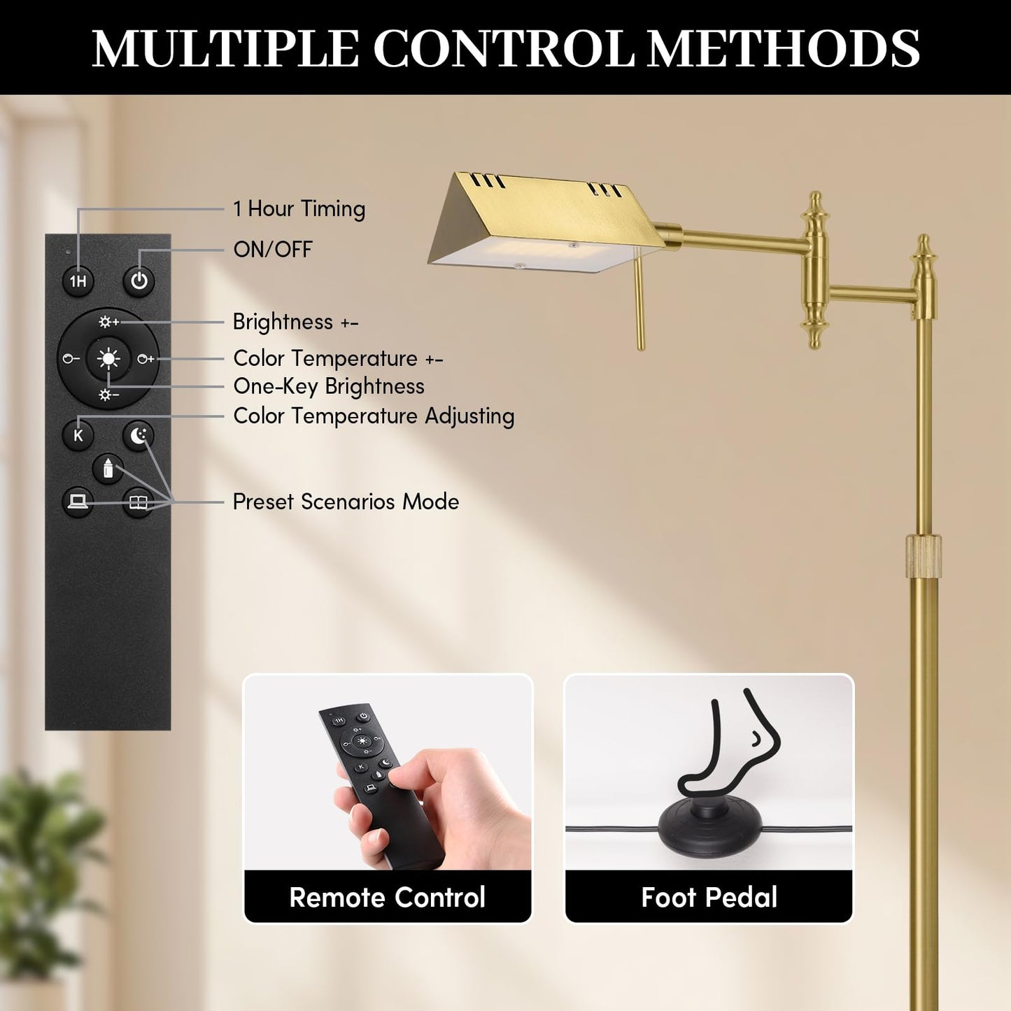 Dimmable Pharmacy Floor Lamp with Remote, 17W Gold LED Reading Floor Lamp with 360°Swing Arm, 3 Color Temperature, Height Adjustable Standing Task Lamp for Living Room, Bedroom, Office, Antique Brass