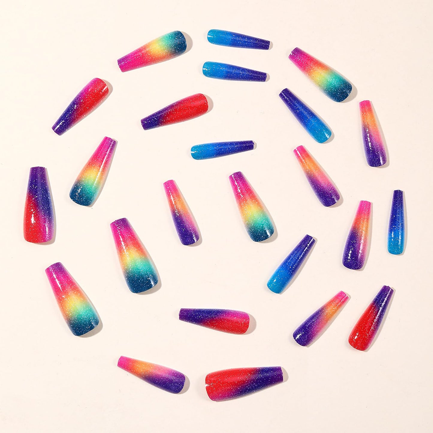 IMSOHOT Long Press on Nails Colorful Coffin Fake Nails Rainbow Ombre Glossy Glue on Nails Full Cover Cute Ballerina Acrylic False Nails for Women 24Pcs