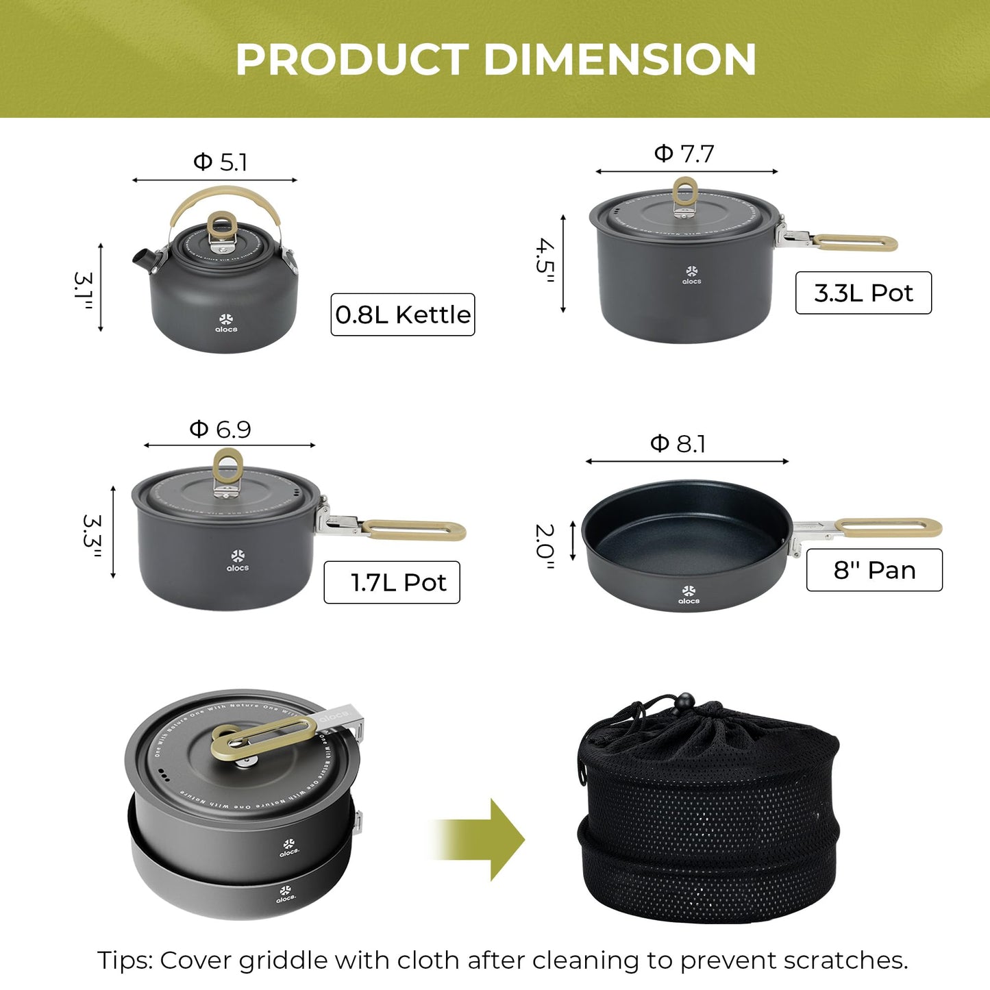 Alocs Camping Cookware, Portable Non-Stick Camping Pan Set with Enhanced Handle, Ideal for Outdoor Kitchen, Picnic, Hiking and Fishing