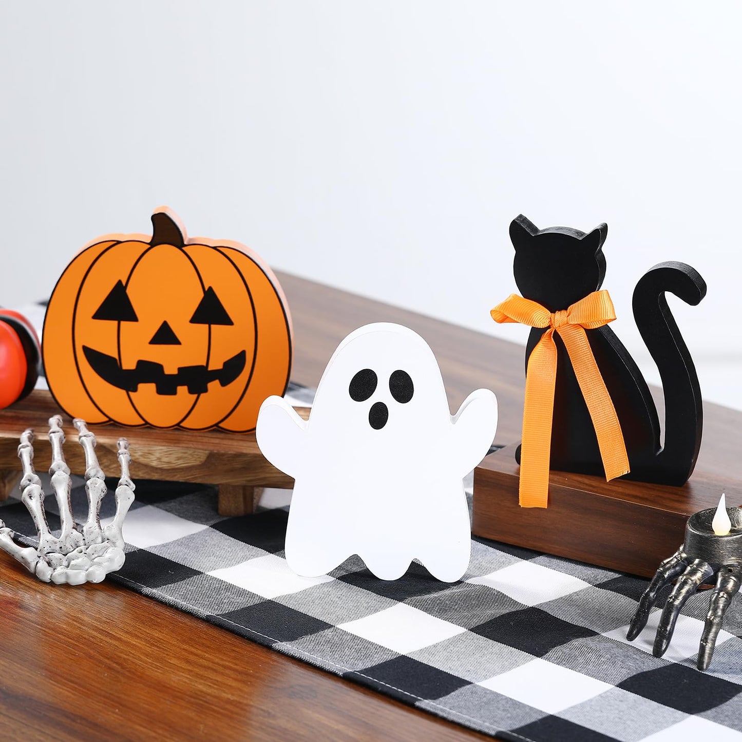 Halloween Decorations-Wooden Ghost Pumpkin Cat Blocks Signs-Cute Freestanding Table Signs for Rustic Farmhouse Home Mantle Decor