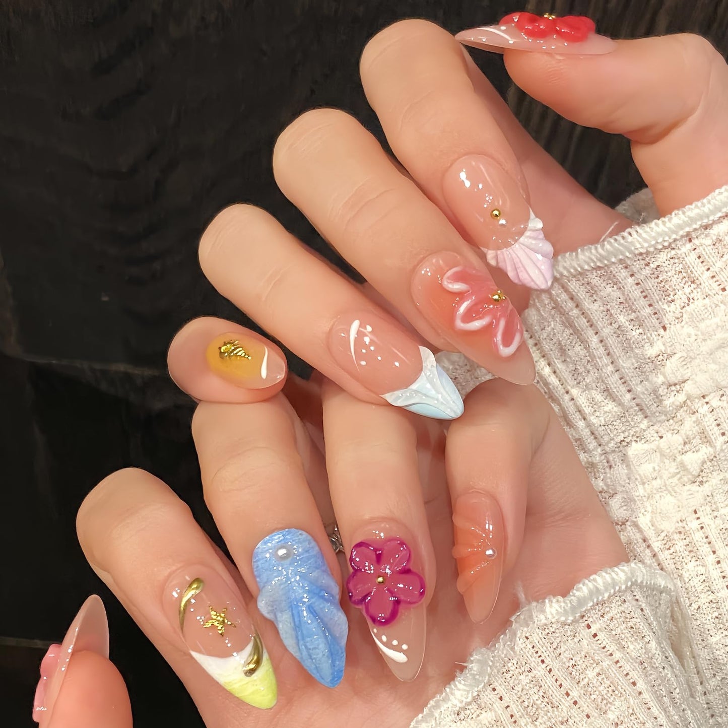 10Pcs Handmade Press On Nails – Almond Shape Summer Beach Nails with 3D Flowers & Seashell Charms – Colorful Tropical Fake Nails for Vacation – Reusable Acrylic Nail Kit for Women