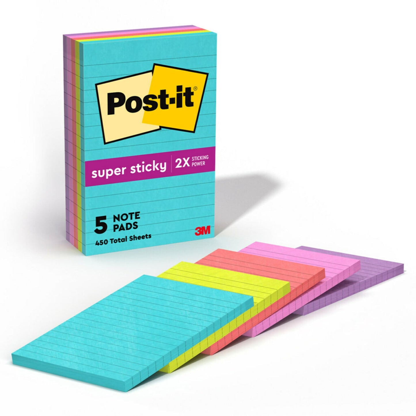 Post-it Super Sticky Lined Notes, 5 Sticky Note Pads, 4 x 6 in., School Supplies, Office Products, Sticky Notes for Vertical Surfaces, Monitors, Walls and Windows, Supernova Neons Collection