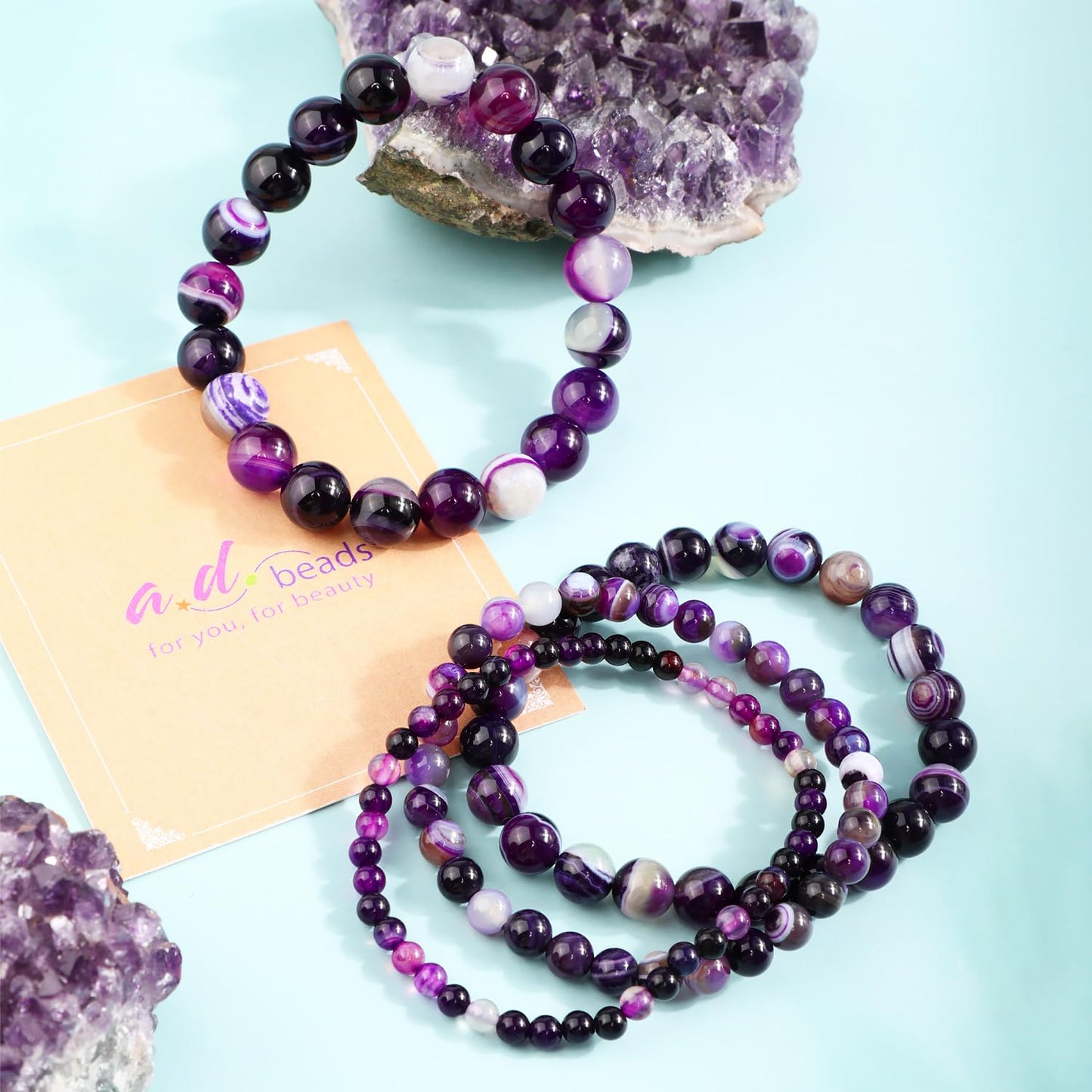 AD Beads 6mm Handmade Purple Stripe Agate Elastic Bracelet – Natural Gemstone for Peace and Tranquility – Meditation, Yoga, Healing and Energy Gift for Men Women