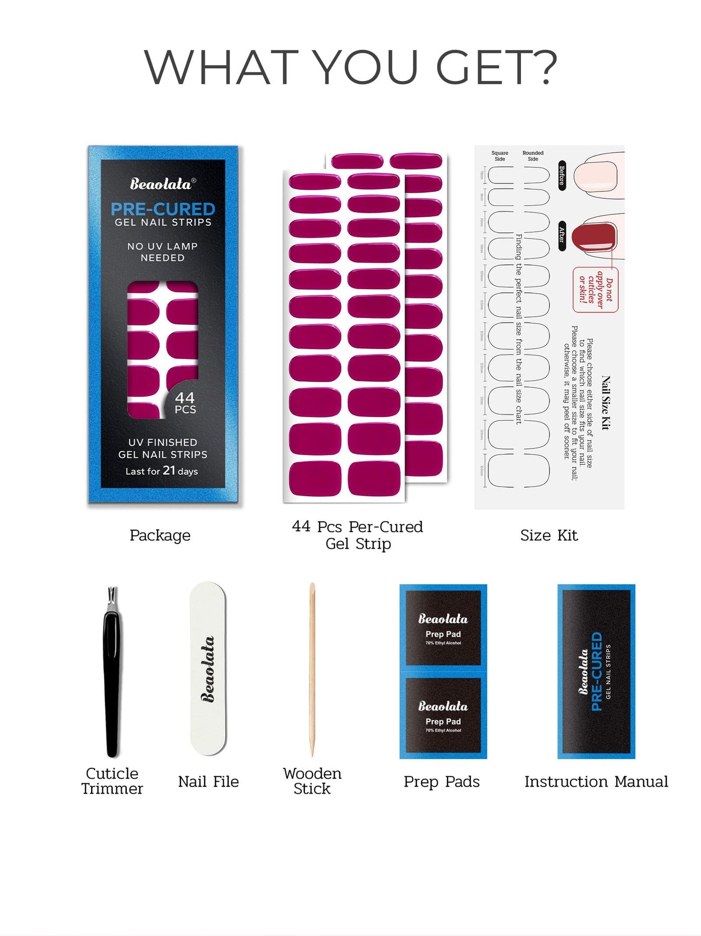 Beaolata Real Gel Nail Strips (No UV Light Needed) - 44Pcs Salon Quality Nail Stickers - Long Lasting Polish Wraps for Women, Easy Apply & Remove (Tropical Pink）