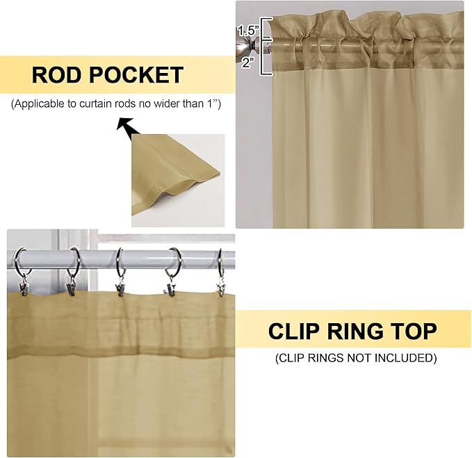 OVZME Gold Sheer Curtains 63 Inches Long 2 Panels - Soft Light Filtering Window Sheer Panels for Living Room/Bedroom, Top Dual Rod Pocket, 1 Pair, Each 42Wx63L Inches