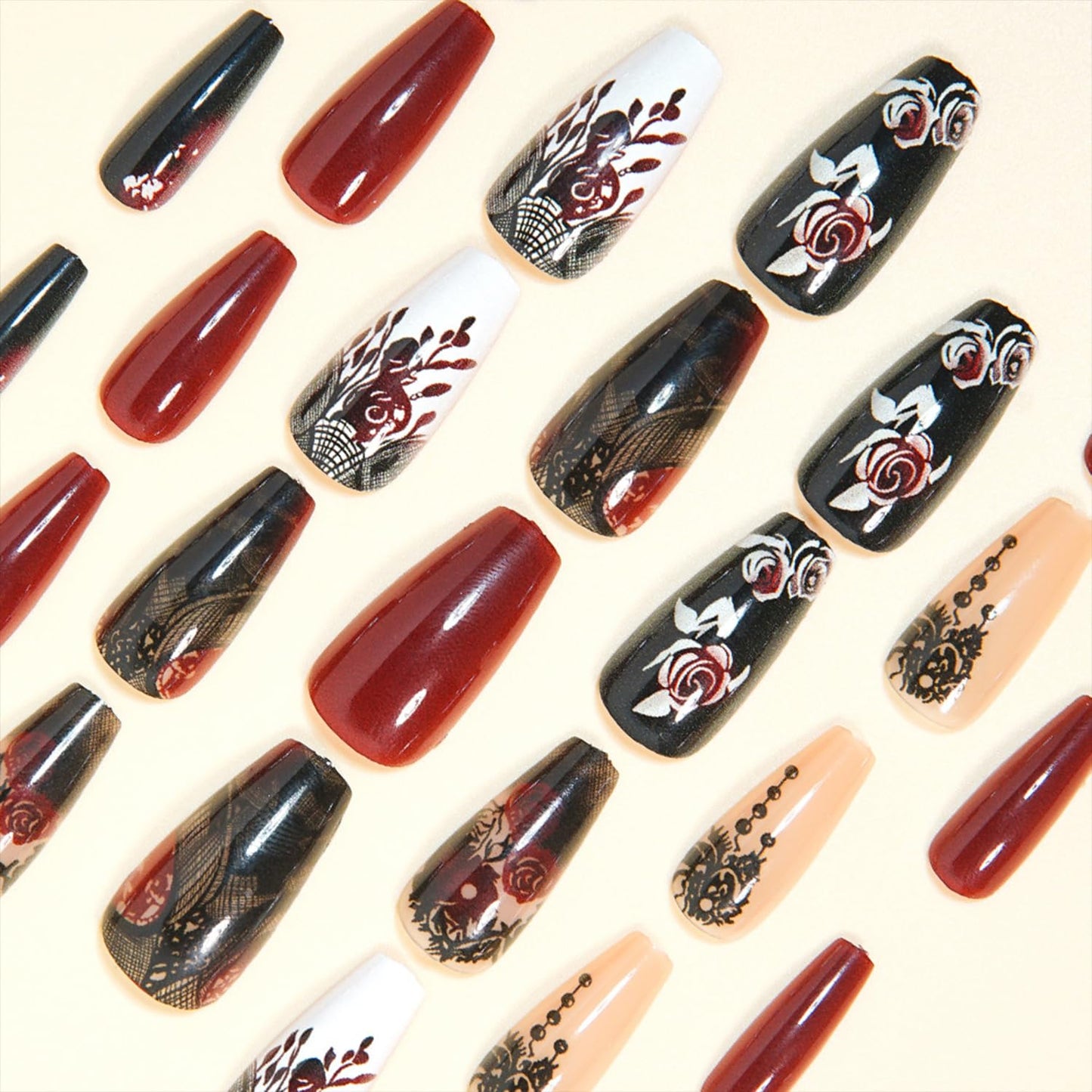 Vopintpy Red Rose Press on Nails Long Coffin Fake Nails with Design Glossy Acrylic Glue on Nail Reusable Full Cover Artificial Stick on Nail for Women DIY Manicure