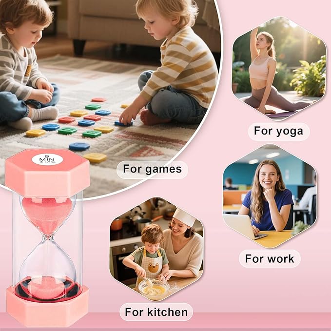 5 Minute Hourglass Sand Timer, Plastic Hexagon Hourglass Sand Clock 5 Min, Reloj De Arena 5 Minutos,Unbreakable Sandglass for Classroom Games Kitchen (Pink)