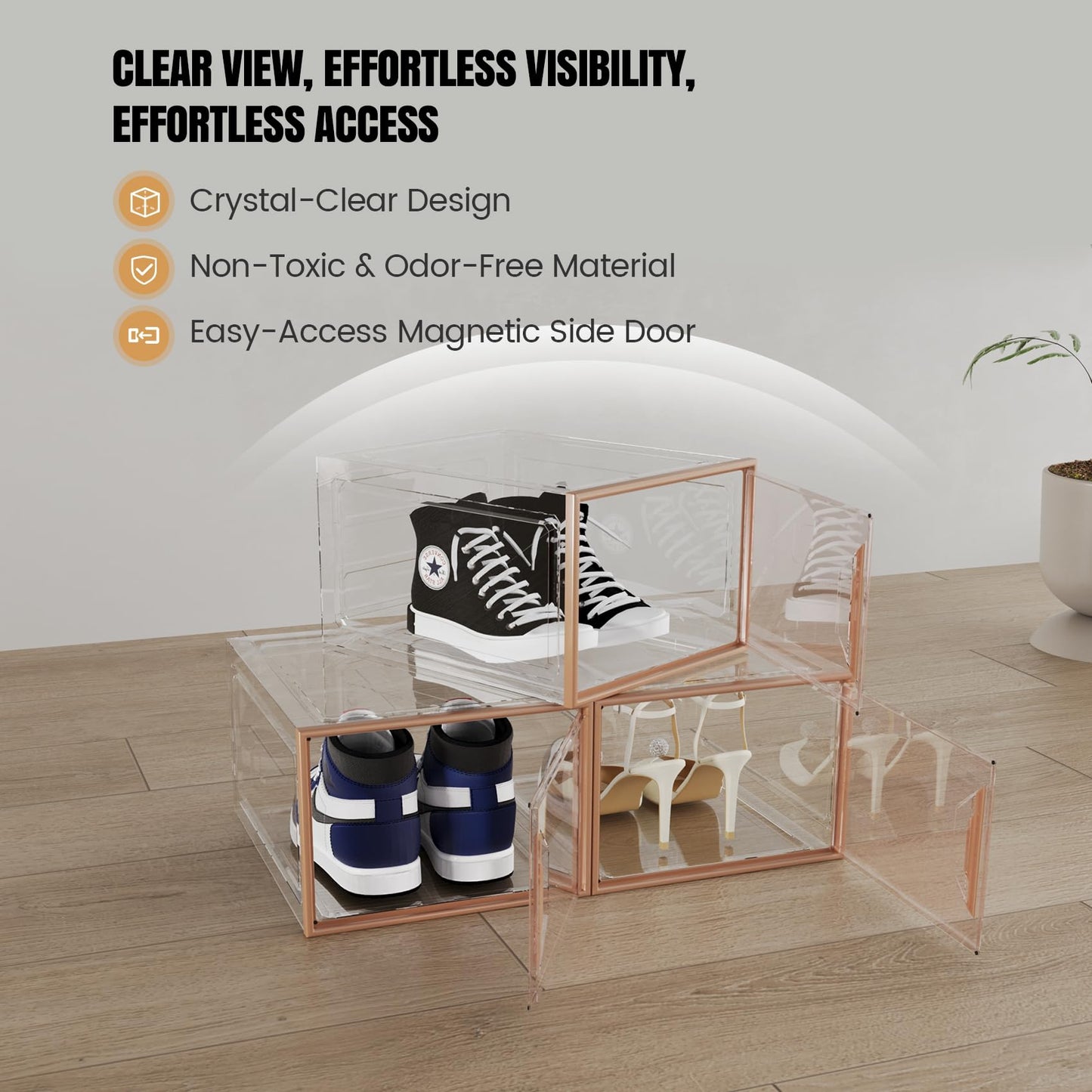 ADTO X-Large Stackable Shoe Boxes - Clear Plastic Shoe Storage Boxes with Magnetic Door, Thicken Shoe Organizer for Closet, Space Saving Foldable Shoe Containers Bins for Sneaker Boot - 6 Pack(Brown)