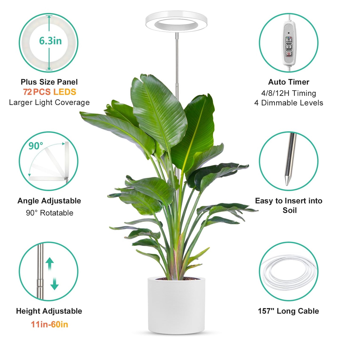 LORDEM Full Spectrum LED Grow Light, 72 LEDs, 4 Brightness Settings, Auto On/Off Timer, Height Adjustable, Ideal for Indoor Plants