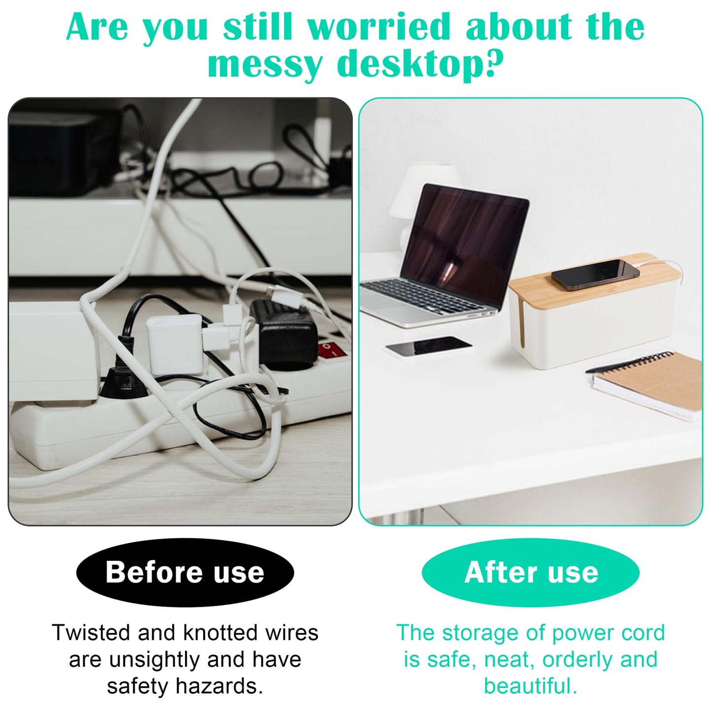 Cable Tidy Box White Cable Box with Bamboo Lid Cable Organiser Cable Management Box for Hiding Cables and Plugs