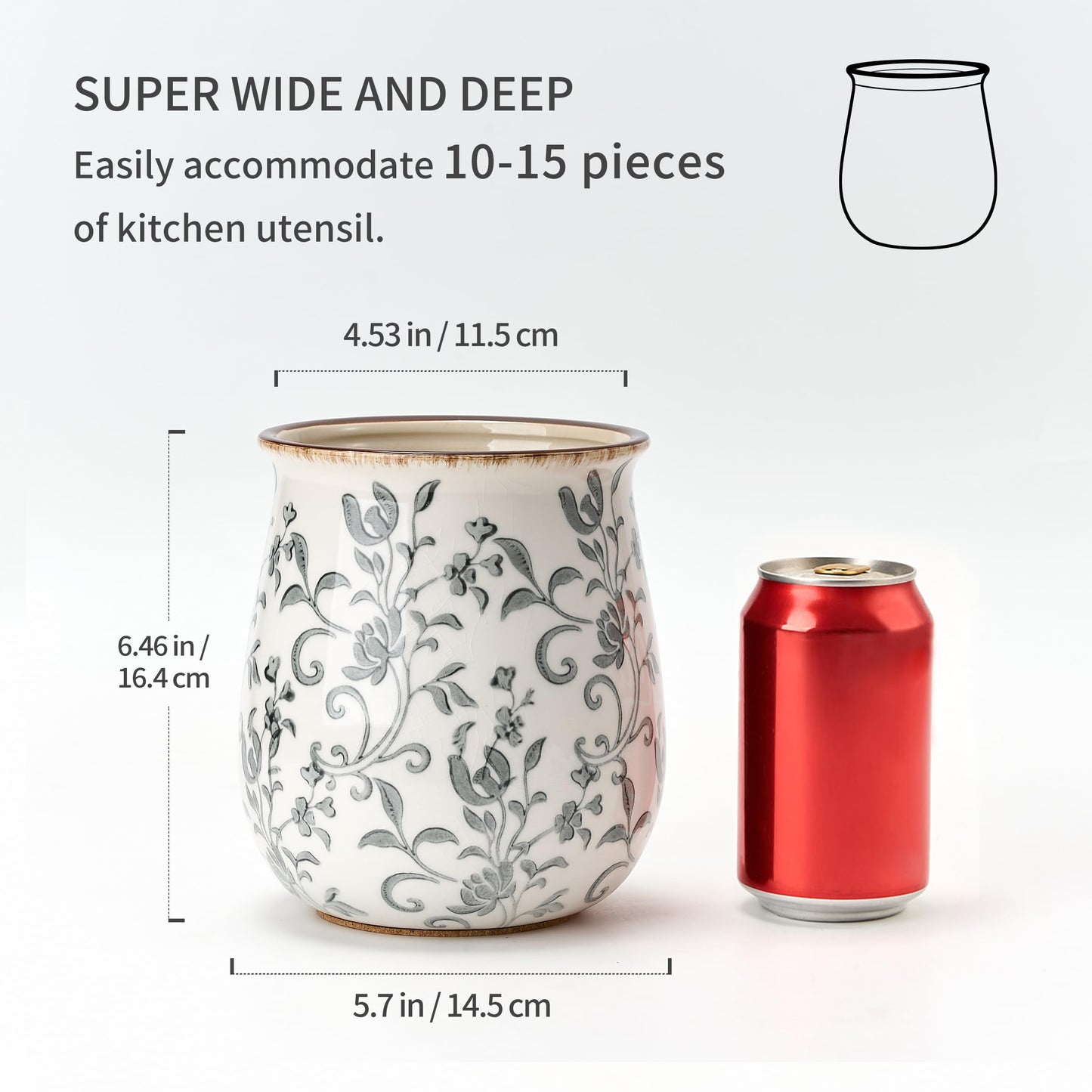 Utensil Holder for Kitchen Counter, Modern Farmhouse Cooking Utensil Holder and Crock Home Kitchen Decor, Ceramic Utensil Organizer for Spatula, Ladle, Eggbeater, Rolling Pin- Gray Flower Patterns