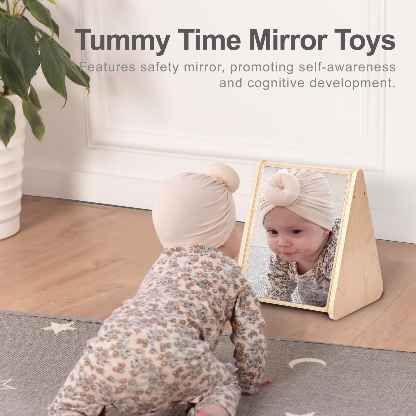 KRAND Baby Double-Sided Tummy Time Mirror w/ 2 Package High Contrast Visual Stimulation Cards, Sensory Activity Montessori Toys for 6 Months+ Boys Girls