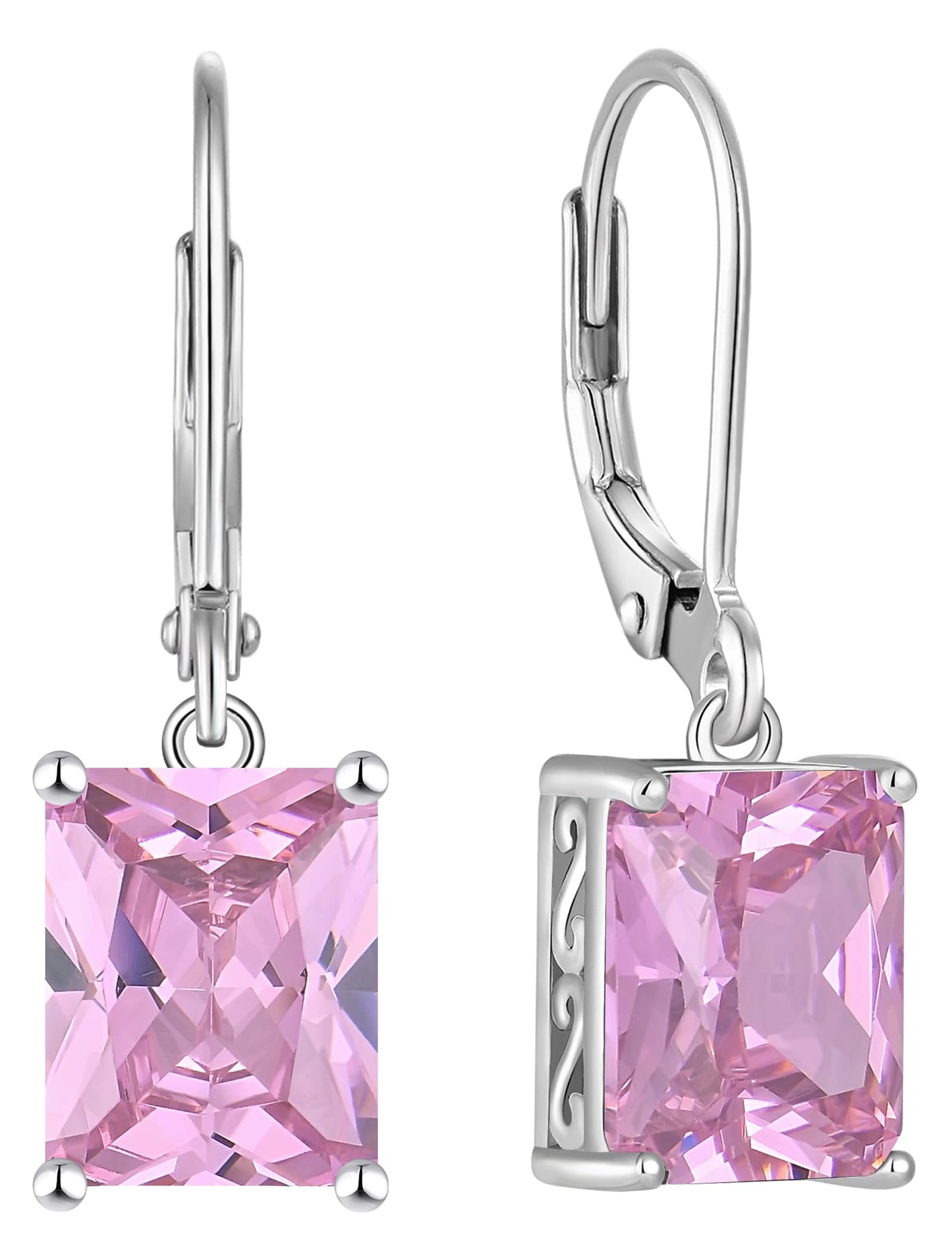 YL Solitaire Dangle Drop Earrings 925 Sterling Silver Leverback Earrings 8X10MM Square Created Pink Tourmaline Jewelry