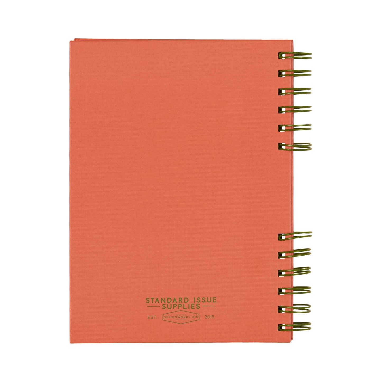 DesignWorks Ink Standard Issue Notebook No. 12, Undated Daily Planner & Writing Journal, 192 Lined Pages, Elastic Pen Holder, Small Spiral Notebook for Work & Journaling, 6 x 8.25 in, Army Green + Chili