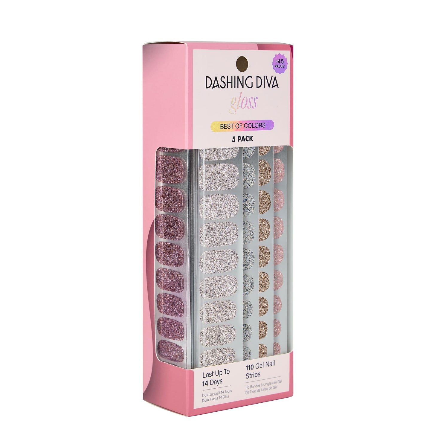 Dashing Diva Gloss Nail Strips 5-in-1 Kit - Best of Sparkles - UV Free, Chip Resistant, Long Lasting Gel Nail Stickers - Contains 110 Wraps, 5 prep Pads, 2 Files