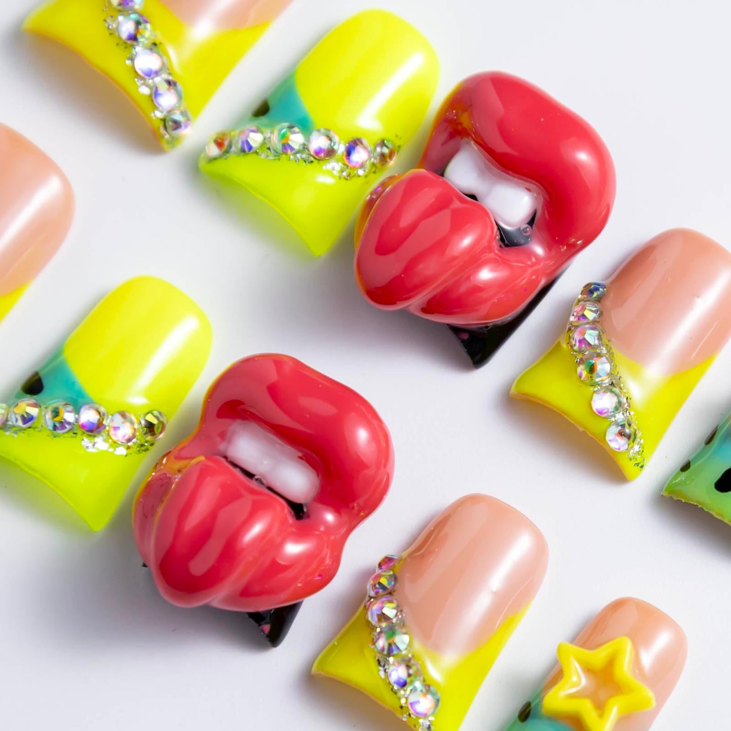 IntoVibes 10 Pieces Luxury Acrylic Press On Nails Short Handmade Duck Nails, Thickened False French Nails, Rhinestones, Yellow Star And 3D Red Lips, Reusable Fake Nails, Acrylic Nails (L)
