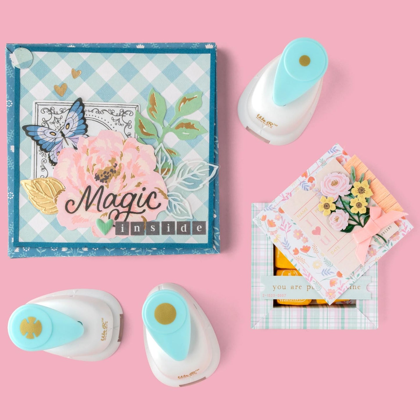 We R Makers Hinge Punch Set, Paper Punch for Crafting, Create Custom Hinges for Cards, Shadow Boxes, Scrapbooking Punches, Circle Paper Punch, Mini Hole Punch, 3 Decorative Shapes, Mint and White
