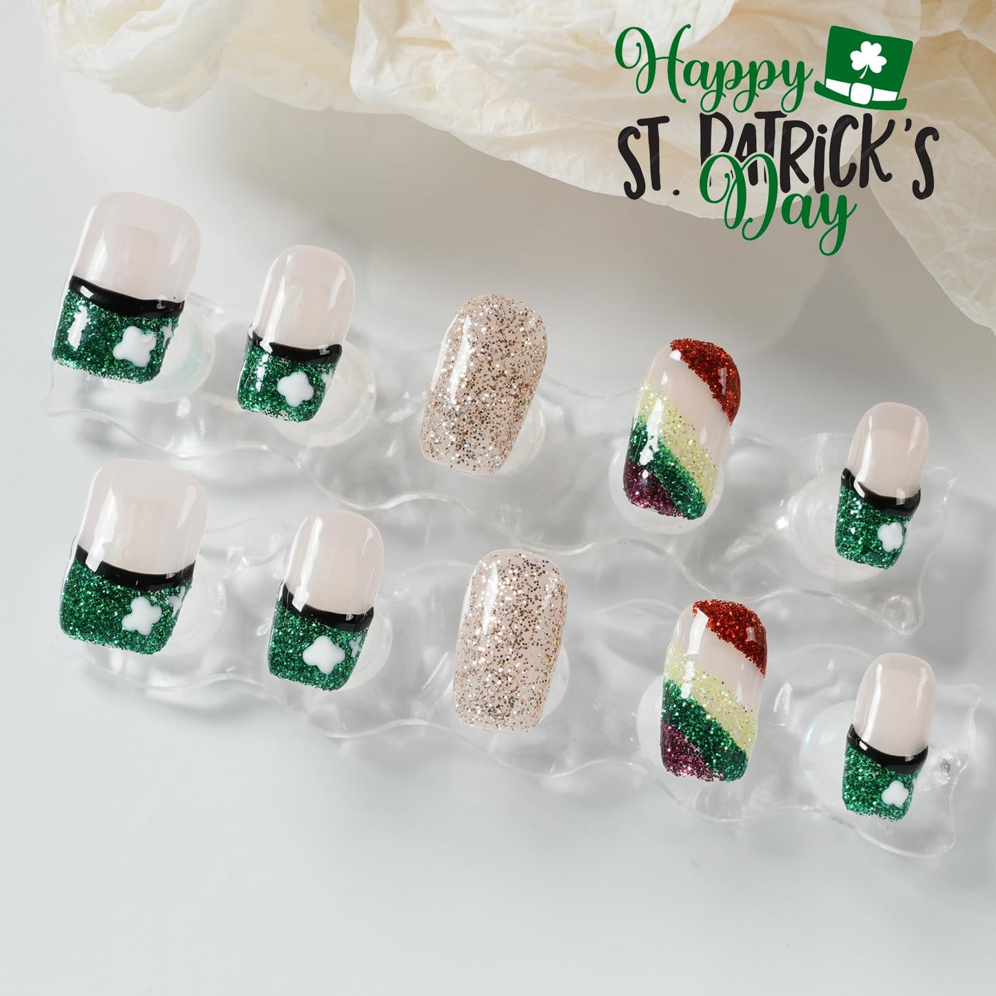Tesytto Medium Square Press On Nails, Nude with Green Glitter French Tips and Hand-Painted White Clover, Rainbow Glitter Gradient Thick Acrylic Nails (Size S)