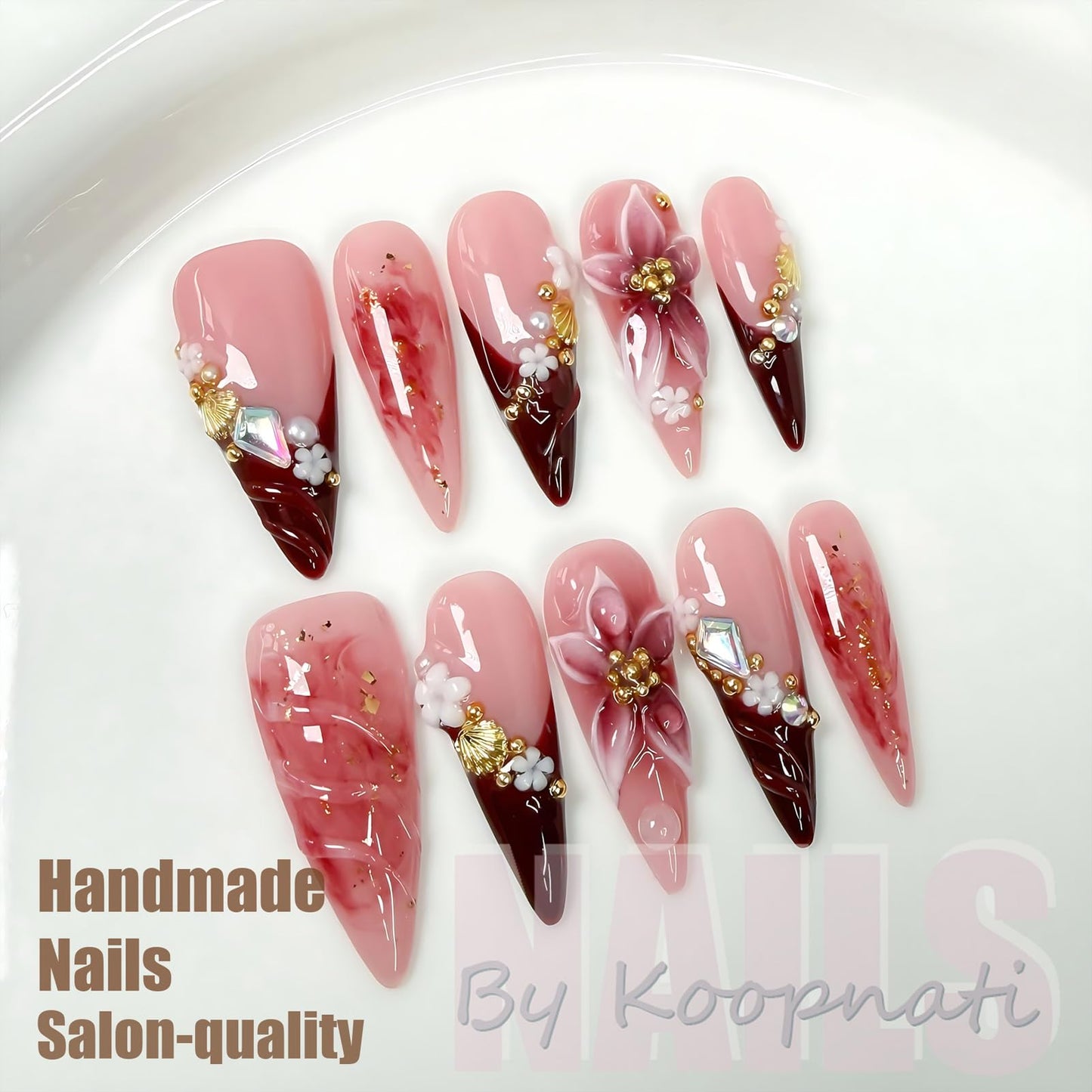 Handmade Press On Nails Almond Long Homemade Press On Nails French Tip With 3D Design Fake Nail Art For Women S