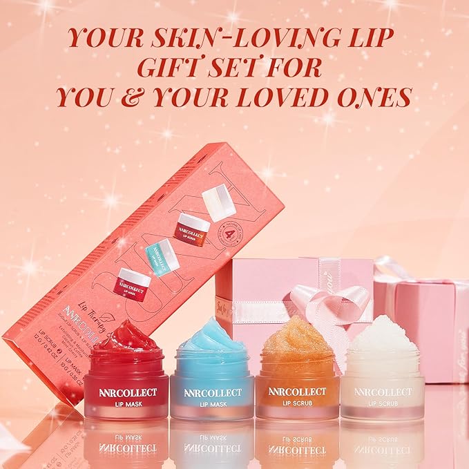 Lip Scrub and Lip Mask Set- Lip Treatment Care Kit with 2 Lip Exfoliator Scrub & 2 Lip Butter Mask, Intense Hydration Set for Dry Chapped Cracked Lips (4 Pack)