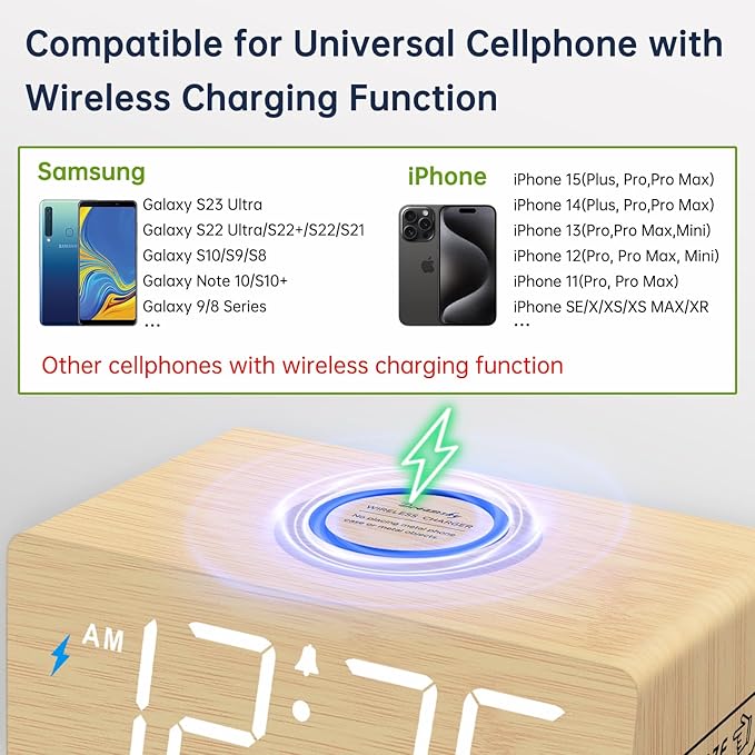 DreamSky Wooden Digital Alarm Clock with Wireless Charging for Bedroom