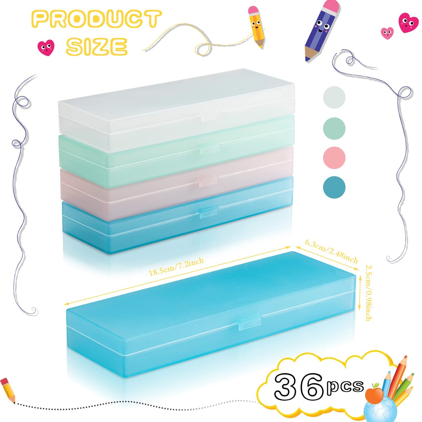 Fainne 36 Pcs Plastic Pencil Case Bulk Plastic Pencil Boxes Frosted Pens Holder with Hinged Lid and Snap Closure for Stationery Organizer School Office(White Pink Blue Green)