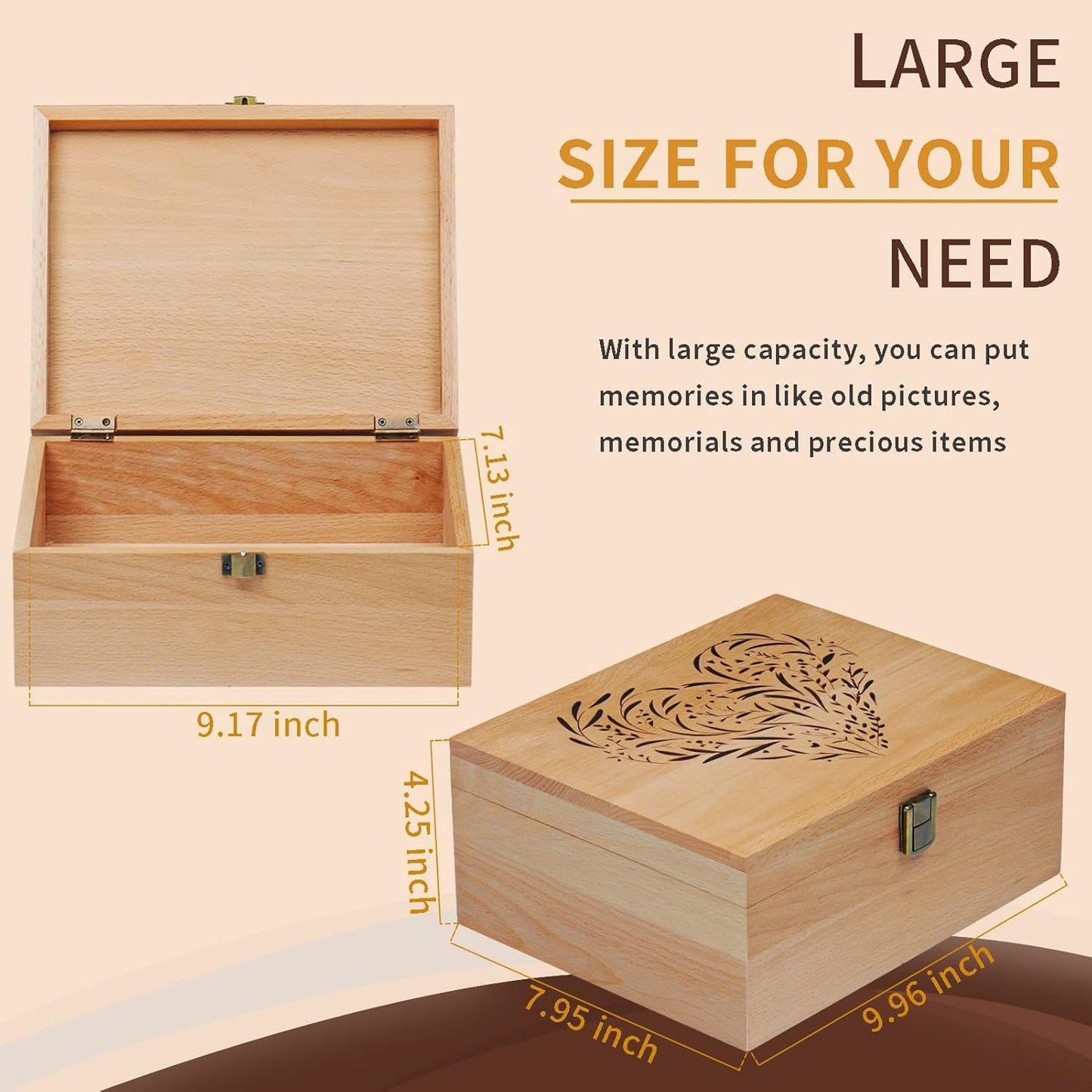 EXISTING Wooden Memory Keepsake Box, Floral Heart Engraved Large Keepsake Boxes with Lids, Memory Box Keepsakes Gift for Anniversary, Wedding, Memory, Birthday, Valentines Day, for Office or Home