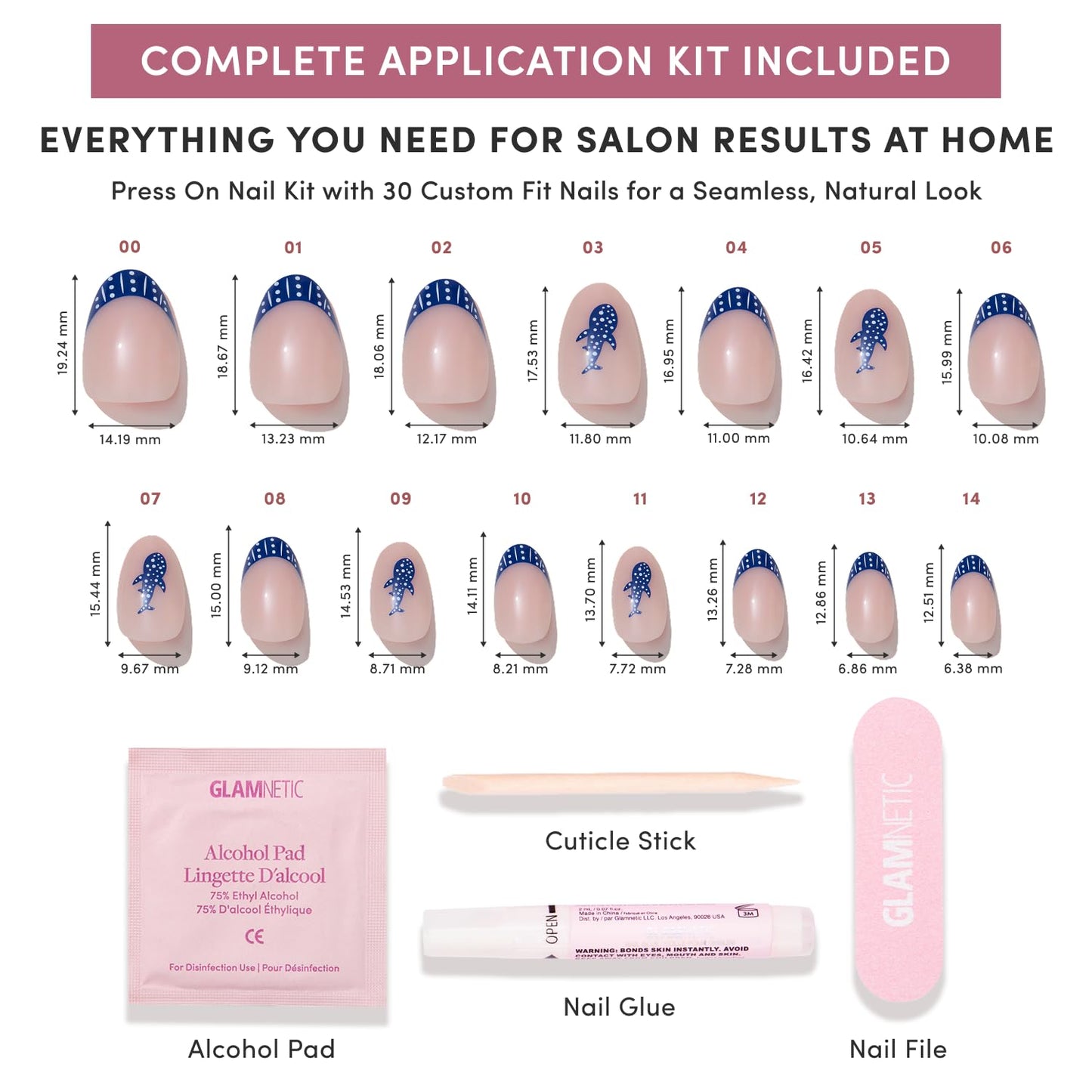 Glamnetic Press On Nails - Short Oval Fake Nails with Blue French Tips, Polka Dots & Whale Accents | Salon Quality Summer Nails | Whale Waves | 15 Sizes - 30 Nail Kit with Glue