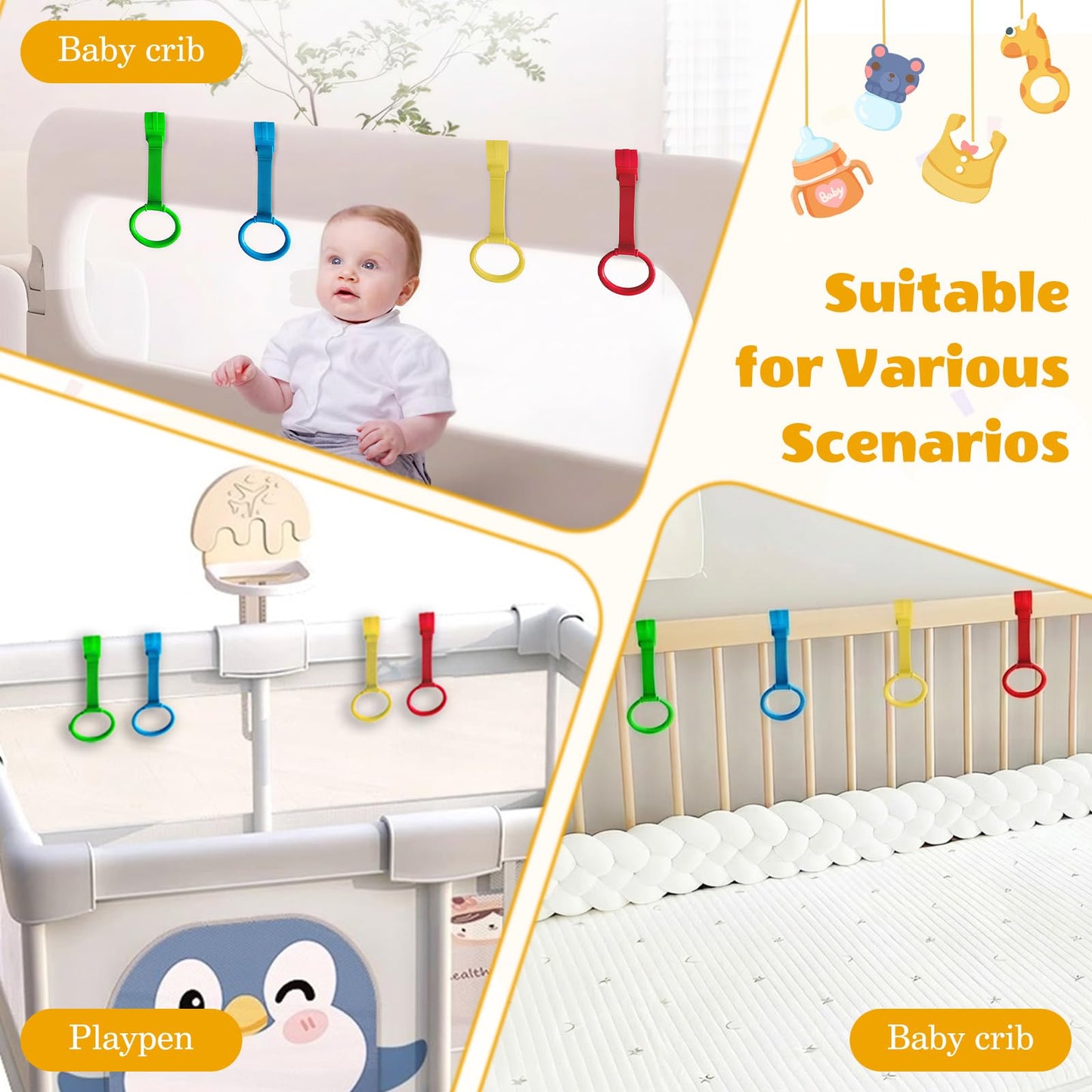 LBOYO 8Pcs Baby Playpen Pull up Rings, Premium Baby Pull up Rings for Play Pen Standing up, Plastic Safety Walking Exercises Assistant Rings for Infants Babies Toddler, 4 Colors.