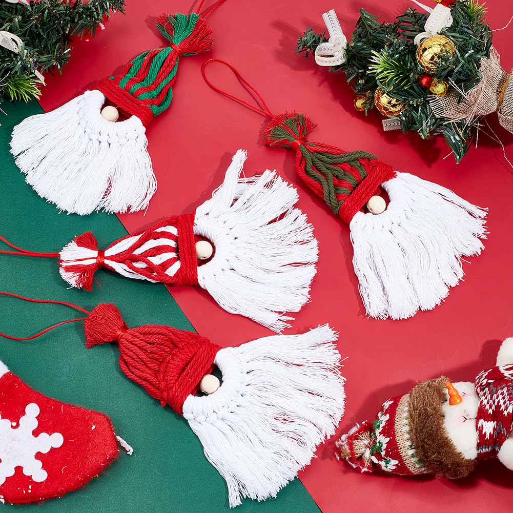 MAYJOYDIY 4Pcs Santa Claus Macrame Gnomes 10.24 inch Handmade Woven Macrame Cotton Thread Santa Pendant Decorations with Wood Beads for Christmas Tree Office Living Room Bedroom