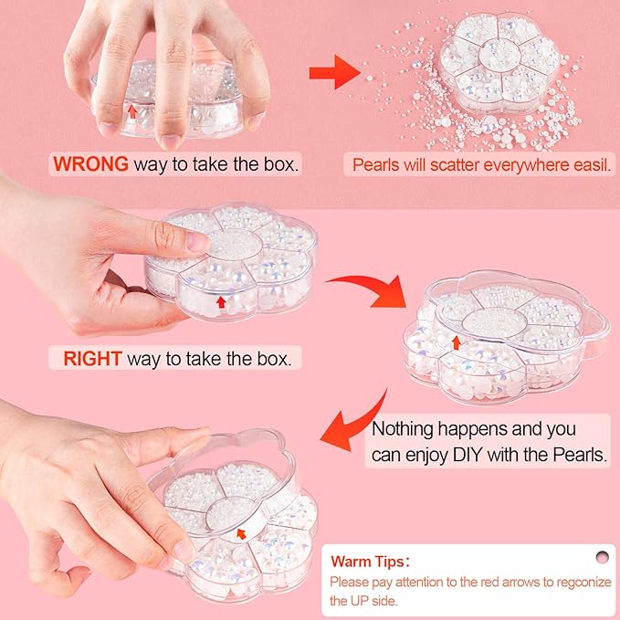 Nail Art Flat Back Half Round Pearl Kits 16, 1 Box of 6000 Pcs Flat-Back Red AB Pearl with Tweezer and Picker Pencil for Home DIY Nails Body Face Craft and Salon Use