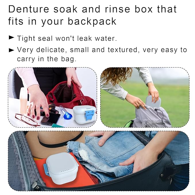 BVN Leakproof Denture Cup, Upgraded Carrying Storage, Denture Bath Box with Filter, Denture Cup for Soaking Dentures, Travel Retainer Cleaning Case (White+Blue).