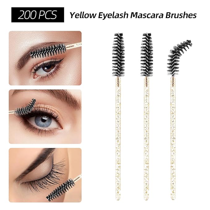 600 PCS Eyelash Extension Supplies Kit, 200 Spoolies Mascara Wands Disposable 200 Lip Brushes 200 Micro Swabs Yellow Eyelash Brushes Makeup Applicator Tool